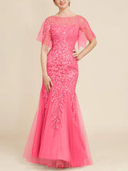 Trumpet Mermaid Scoop Half Sleeves Floor Length Mother Of The Bride Dresses With Lace