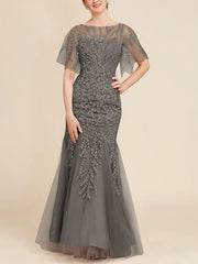 Trumpet Mermaid Scoop Half Sleeves Floor Length Mother Of The Bride Dresses With Lace