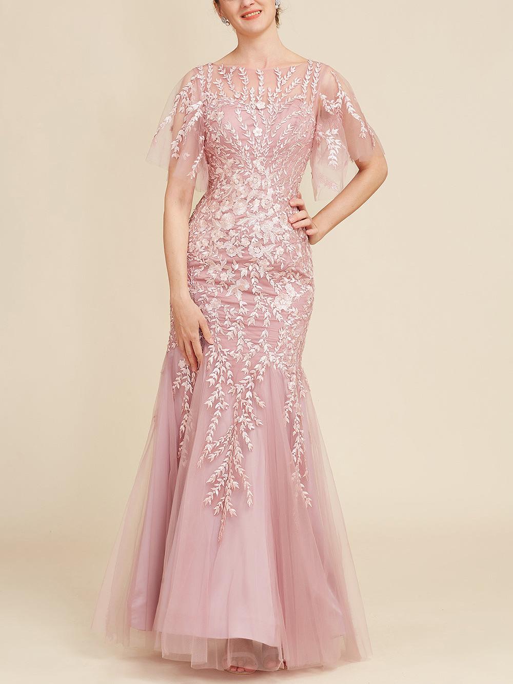 Trumpet Mermaid Scoop Half Sleeves Floor Length Mother Of The Bride Dresses With Lace
