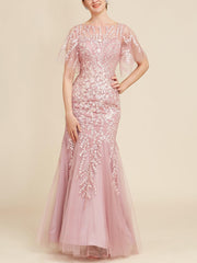 Trumpet Mermaid Scoop Half Sleeves Floor Length Mother Of The Bride Dresses With Lace