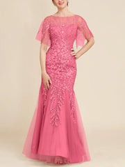 Trumpet Mermaid Scoop Half Sleeves Floor Length Mother Of The Bride Dresses With Lace