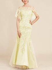 Trumpet Mermaid Scoop Half Sleeves Floor Length Mother Of The Bride Dresses With Lace