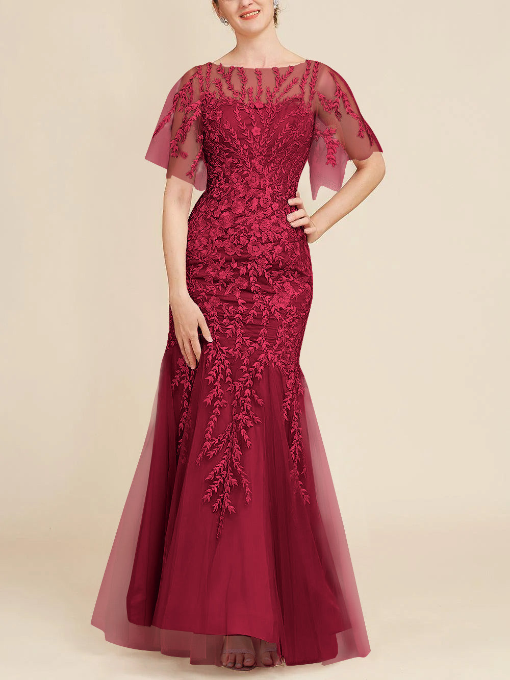 Trumpet Mermaid Scoop Half Sleeves Floor Length Mother Of The Bride Dresses With Lace