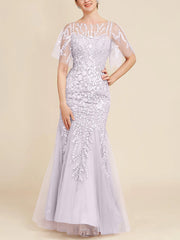Trumpet Mermaid Scoop Half Sleeves Floor Length Mother Of The Bride Dresses With Lace