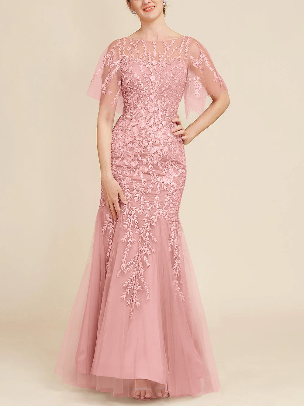 Trumpet Mermaid Scoop Half Sleeves Floor Length Mother Of The Bride Dresses With Lace