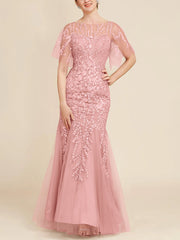 Trumpet Mermaid Scoop Half Sleeves Floor Length Mother Of The Bride Dresses With Lace