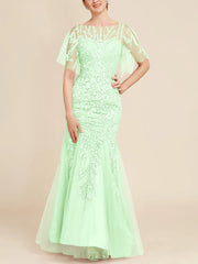 Trumpet Mermaid Scoop Half Sleeves Floor Length Mother Of The Bride Dresses With Lace