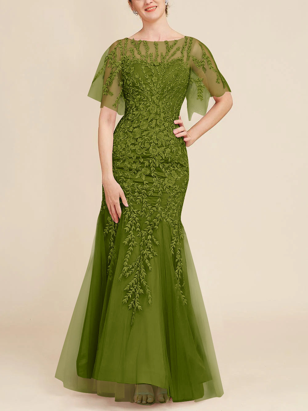 Trumpet Mermaid Scoop Half Sleeves Floor Length Mother Of The Bride Dresses With Lace