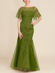 Trumpet Mermaid Scoop Half Sleeves Floor Length Mother Of The Bride Dresses With Lace