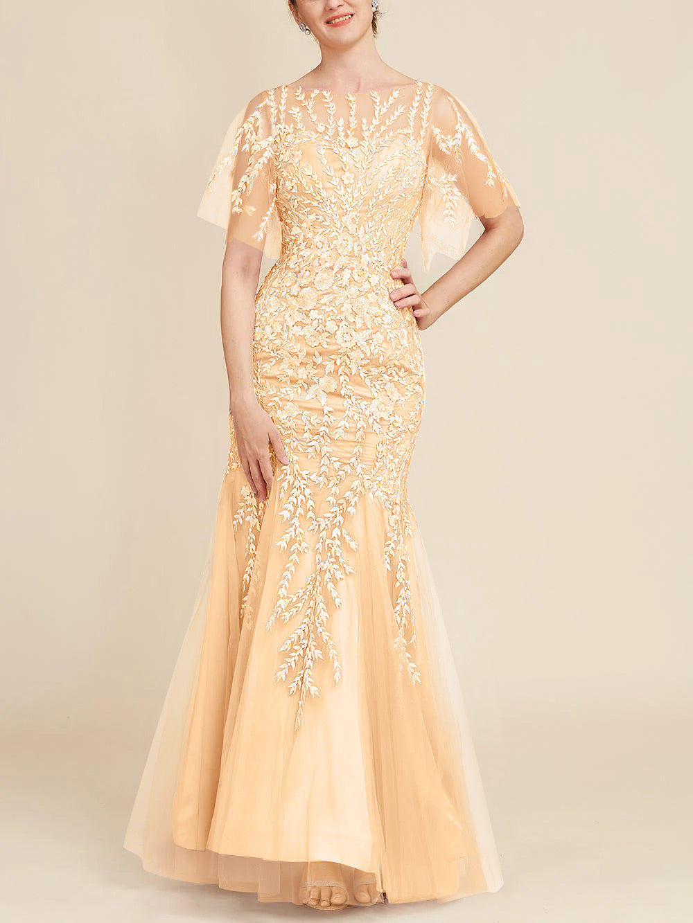 Trumpet Mermaid Scoop Half Sleeves Floor Length Mother Of The Bride Dresses With Lace