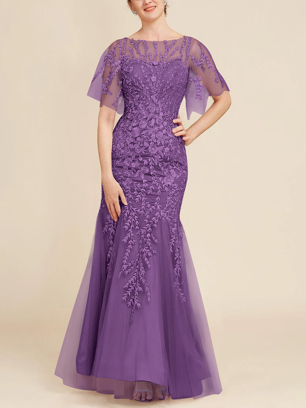 Trumpet Mermaid Scoop Half Sleeves Floor Length Mother Of The Bride Dresses With Lace