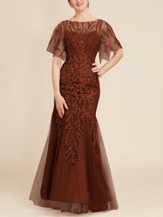 Trumpet Mermaid Scoop Half Sleeves Floor Length Mother Of The Bride Dresses With Lace