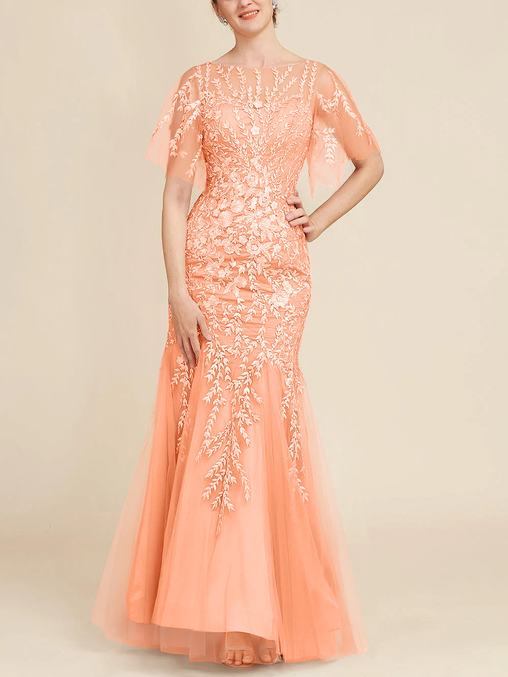 Trumpet Mermaid Scoop Half Sleeves Floor Length Mother Of The Bride Dresses With Lace