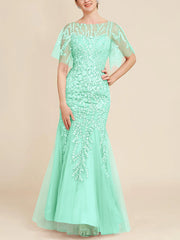 Trumpet Mermaid Scoop Half Sleeves Floor Length Mother Of The Bride Dresses With Lace