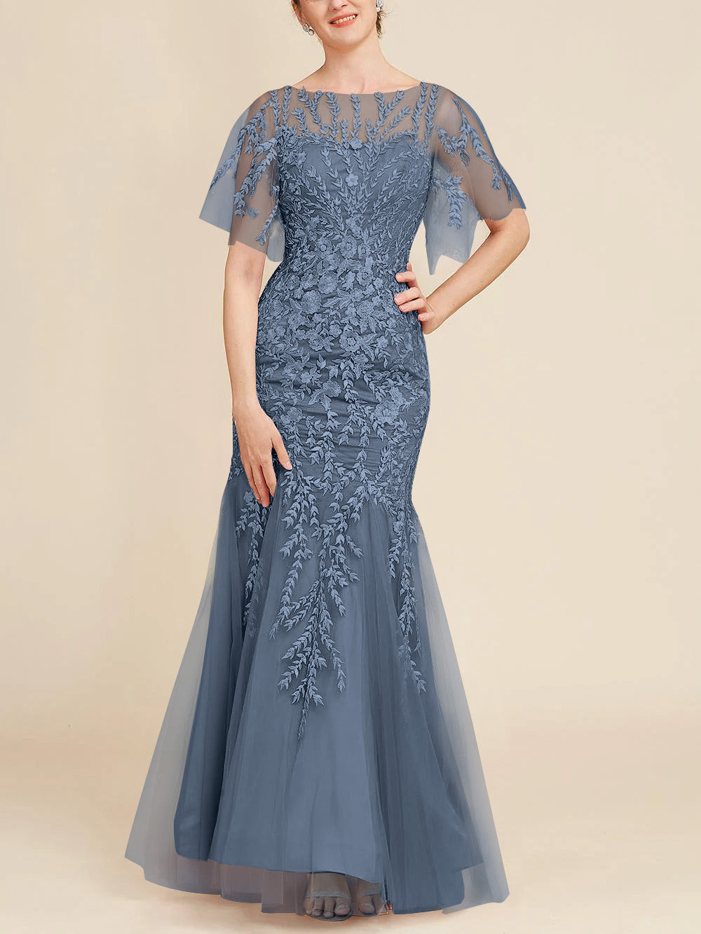 Trumpet Mermaid Scoop Half Sleeves Floor Length Mother Of The Bride Dresses With Lace