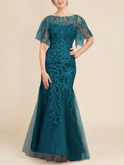 Trumpet Mermaid Scoop Half Sleeves Floor Length Mother Of The Bride Dresses With Lace