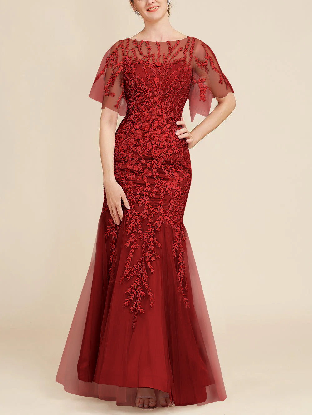 Trumpet Mermaid Scoop Half Sleeves Floor Length Mother Of The Bride Dresses With Lace