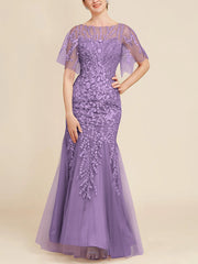 Trumpet Mermaid Scoop Half Sleeves Floor Length Mother Of The Bride Dresses With Lace