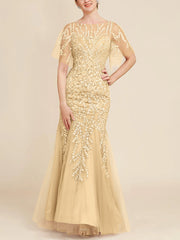 Trumpet Mermaid Scoop Half Sleeves Floor Length Mother Of The Bride Dresses With Lace