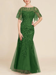 Trumpet Mermaid Scoop Half Sleeves Floor Length Mother Of The Bride Dresses With Lace