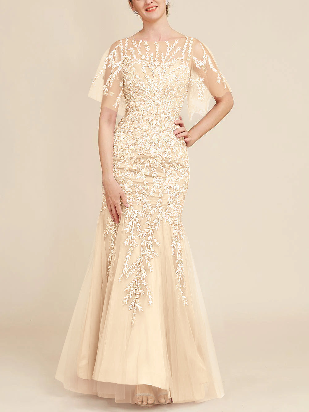 Trumpet Mermaid Scoop Half Sleeves Floor Length Mother Of The Bride Dresses With Lace