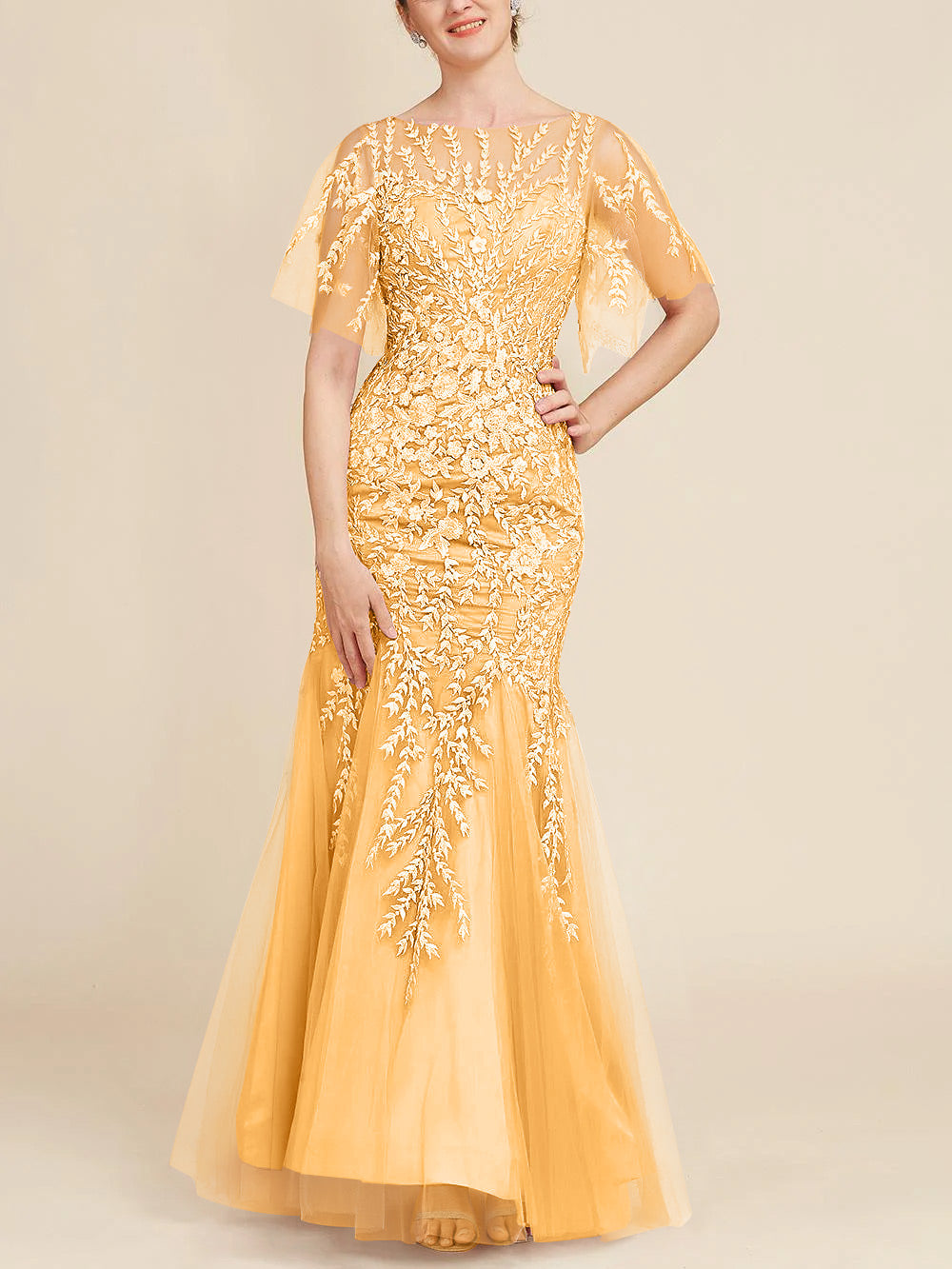 Trumpet Mermaid Scoop Half Sleeves Floor Length Mother Of The Bride Dresses With Lace