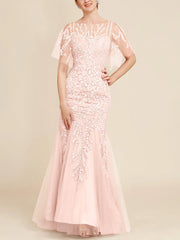 Trumpet Mermaid Scoop Half Sleeves Floor Length Mother Of The Bride Dresses With Lace