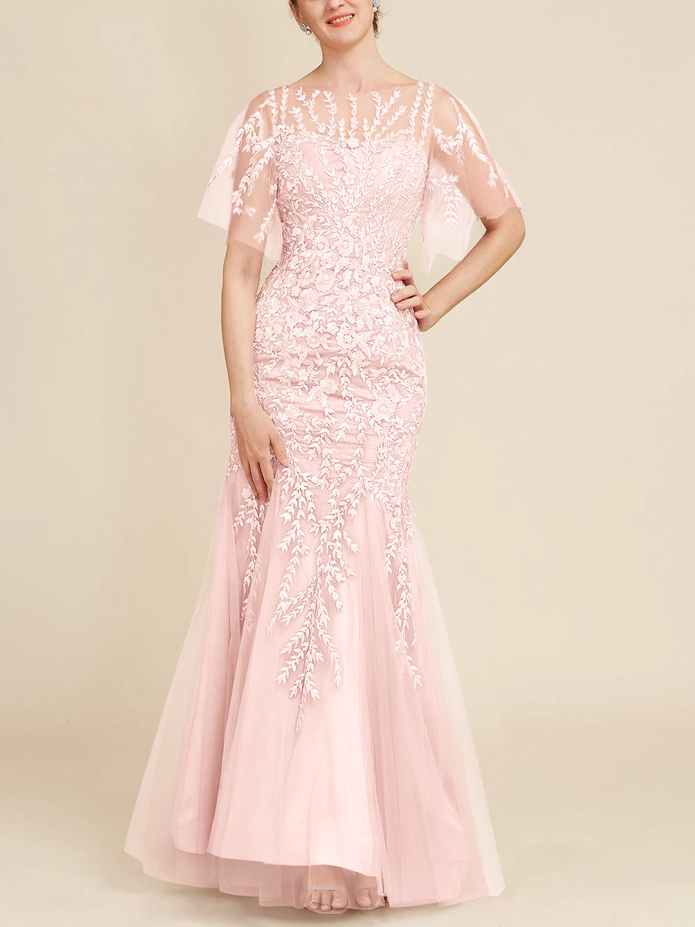 Trumpet Mermaid Scoop Half Sleeves Floor Length Mother Of The Bride Dresses With Lace
