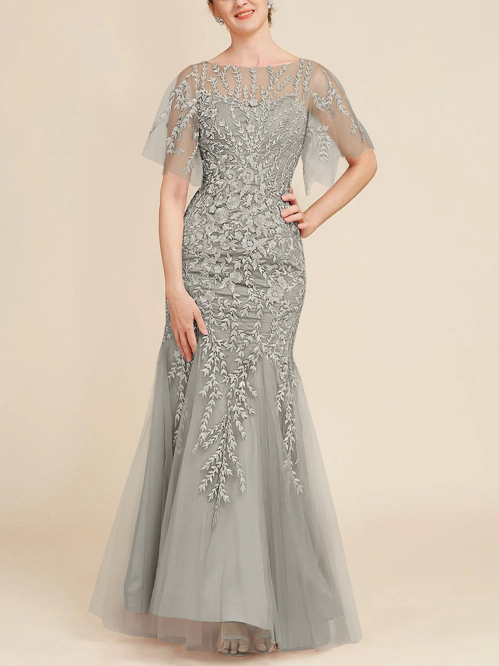 Trumpet Mermaid Scoop Half Sleeves Floor Length Mother Of The Bride Dresses With Lace