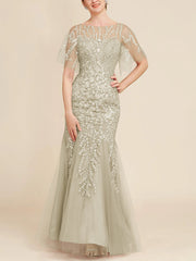 Trumpet Mermaid Scoop Half Sleeves Floor Length Mother Of The Bride Dresses With Lace
