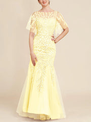 Trumpet Mermaid Scoop Half Sleeves Floor Length Mother Of The Bride Dresses With Lace