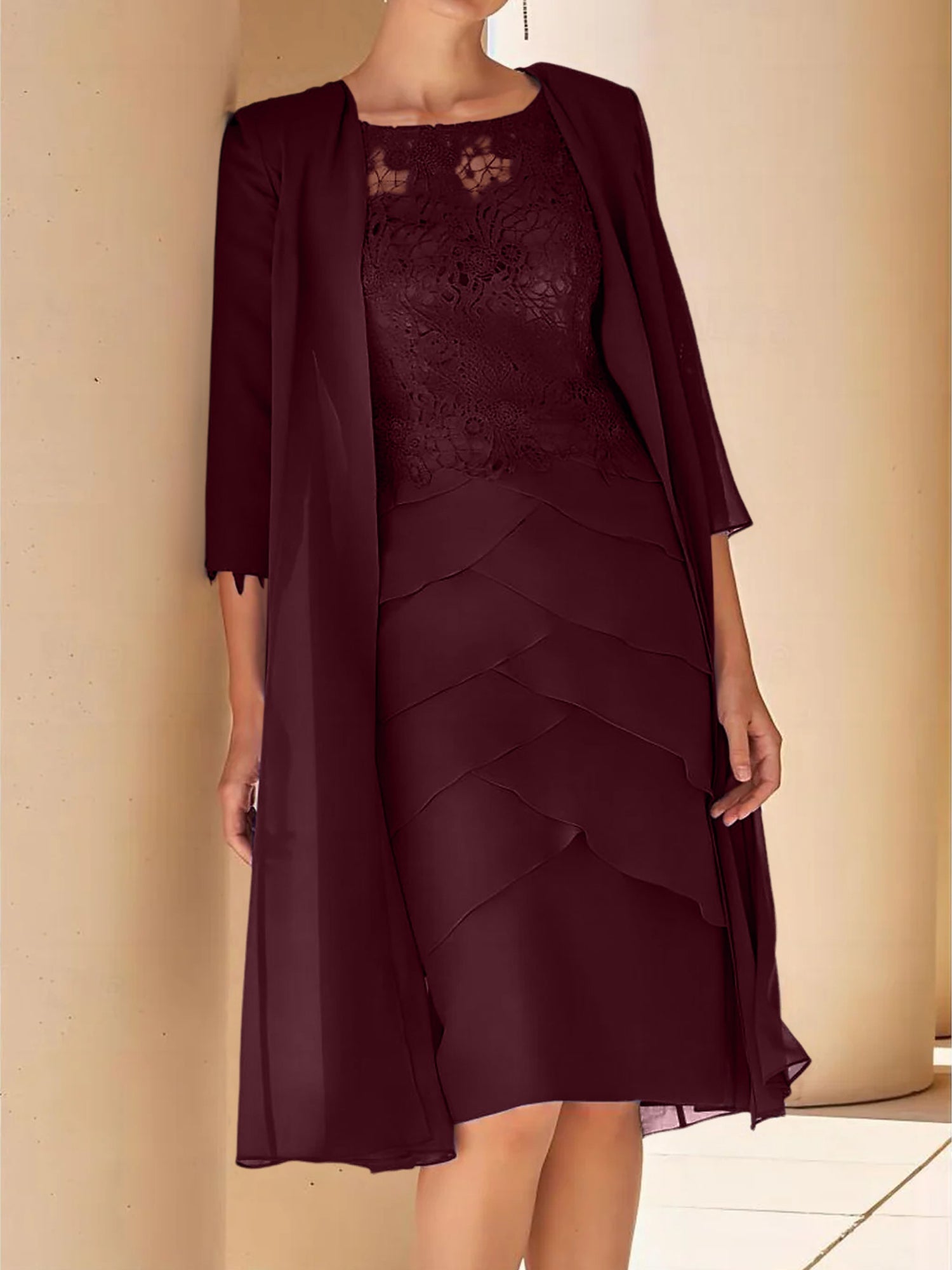 Sheath Column Jewel Neck Short Sleeves Knee Length Mother Of The Bride Dresses With Lace