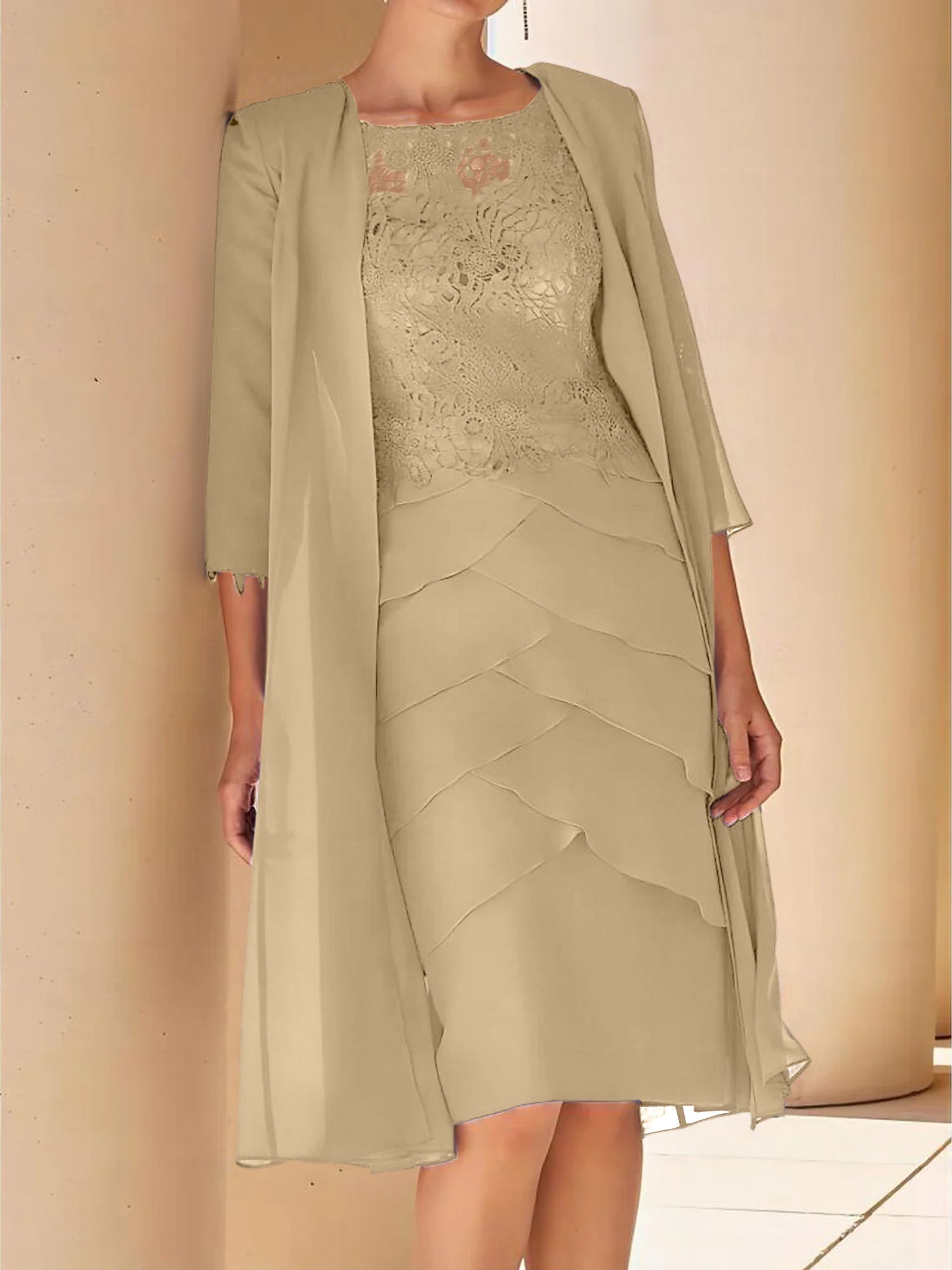 Sheath Column Jewel Neck Short Sleeves Knee Length Mother Of The Bride Dresses With Lace