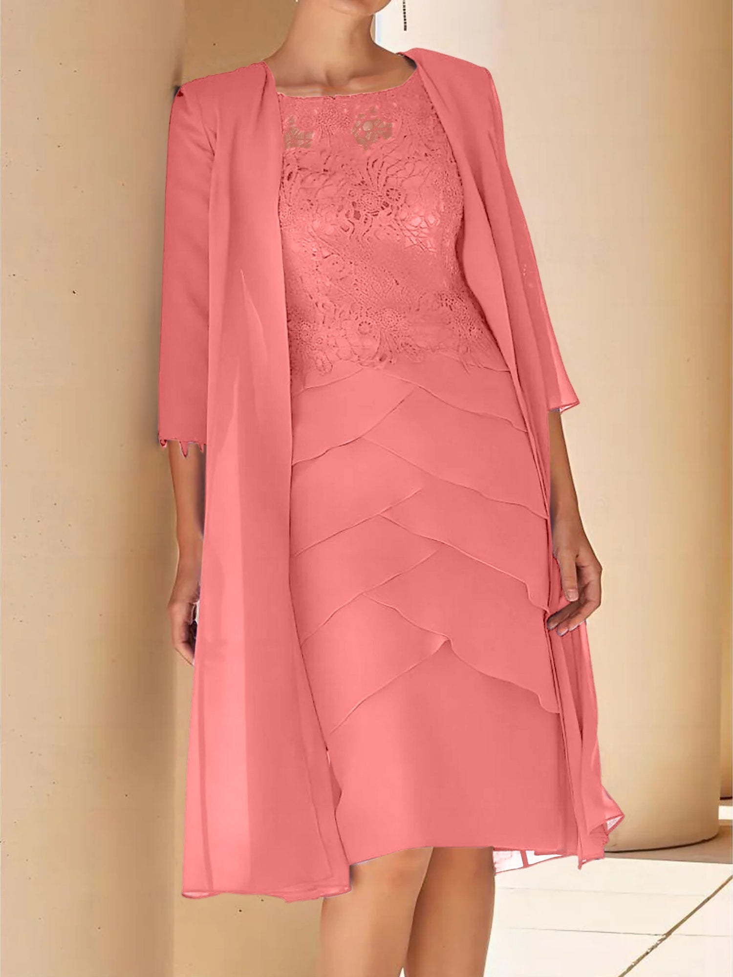 Sheath Column Jewel Neck Short Sleeves Knee Length Mother Of The Bride Dresses With Lace