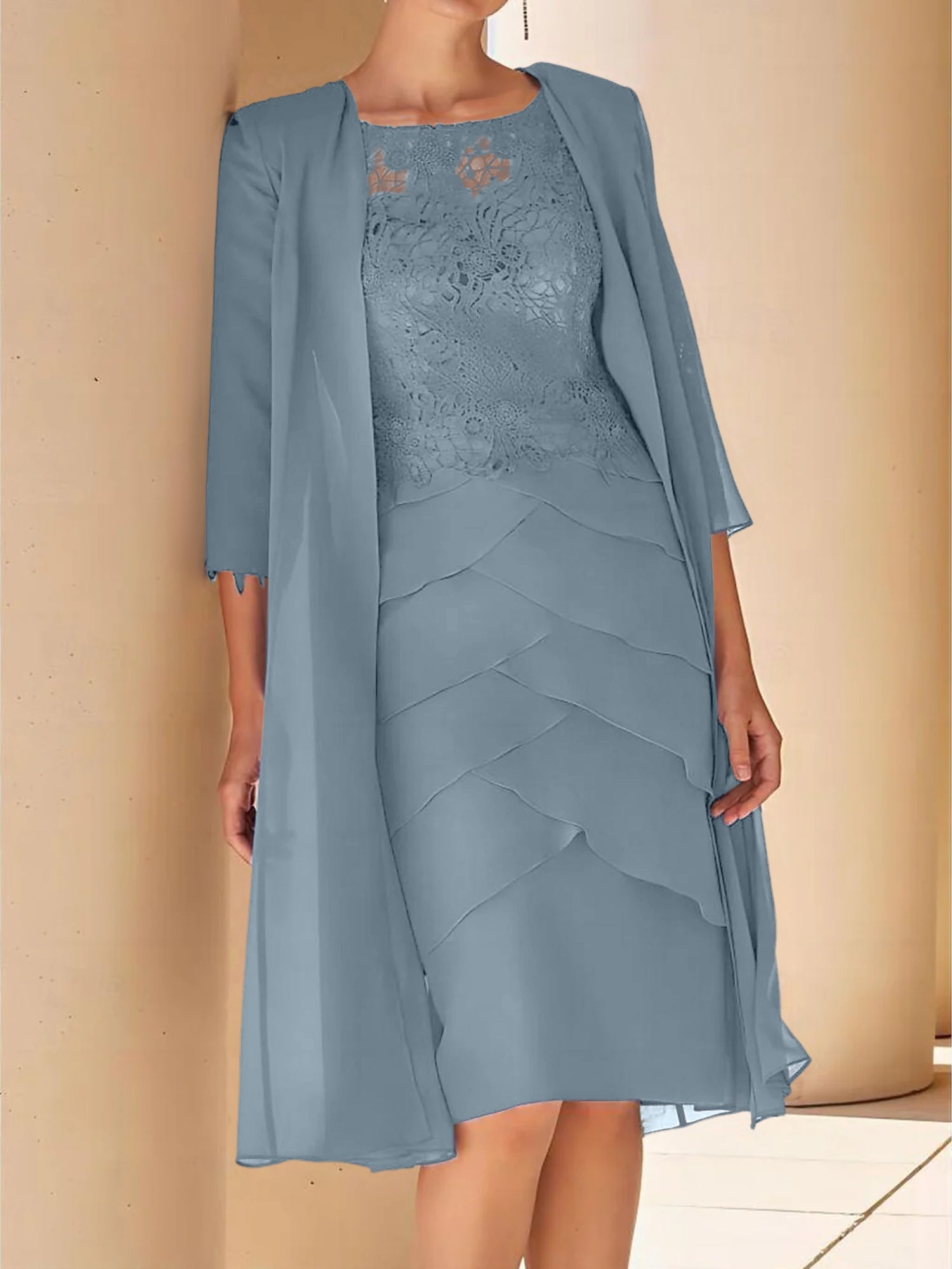 Sheath Column Jewel Neck Short Sleeves Knee Length Mother Of The Bride Dresses With Lace