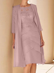 Sheath Column Jewel Neck Short Sleeves Knee Length Mother Of The Bride Dresses With Lace