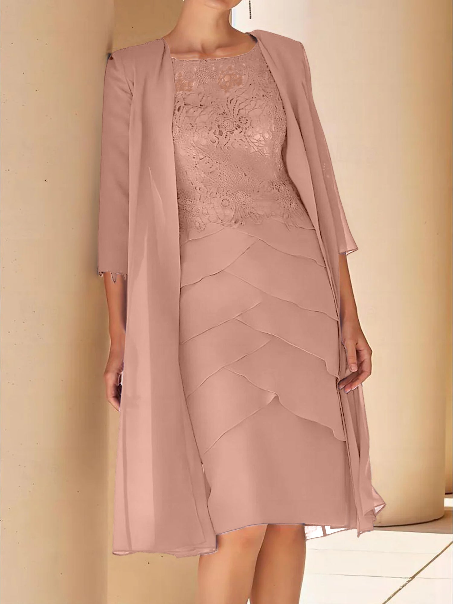 Sheath Column Jewel Neck Short Sleeves Knee Length Mother Of The Bride Dresses With Lace