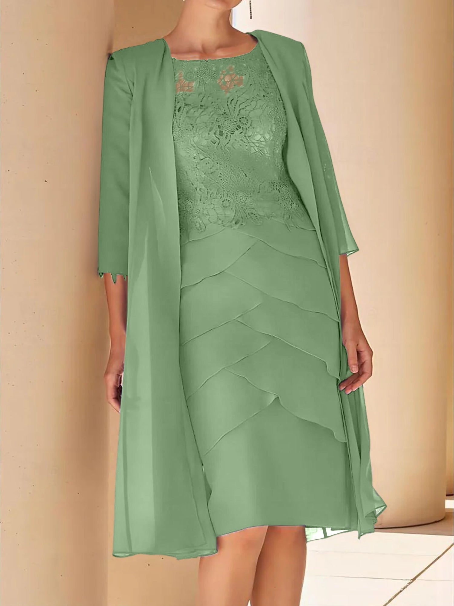 Sheath Column Jewel Neck Short Sleeves Knee Length Mother Of The Bride Dresses With Lace