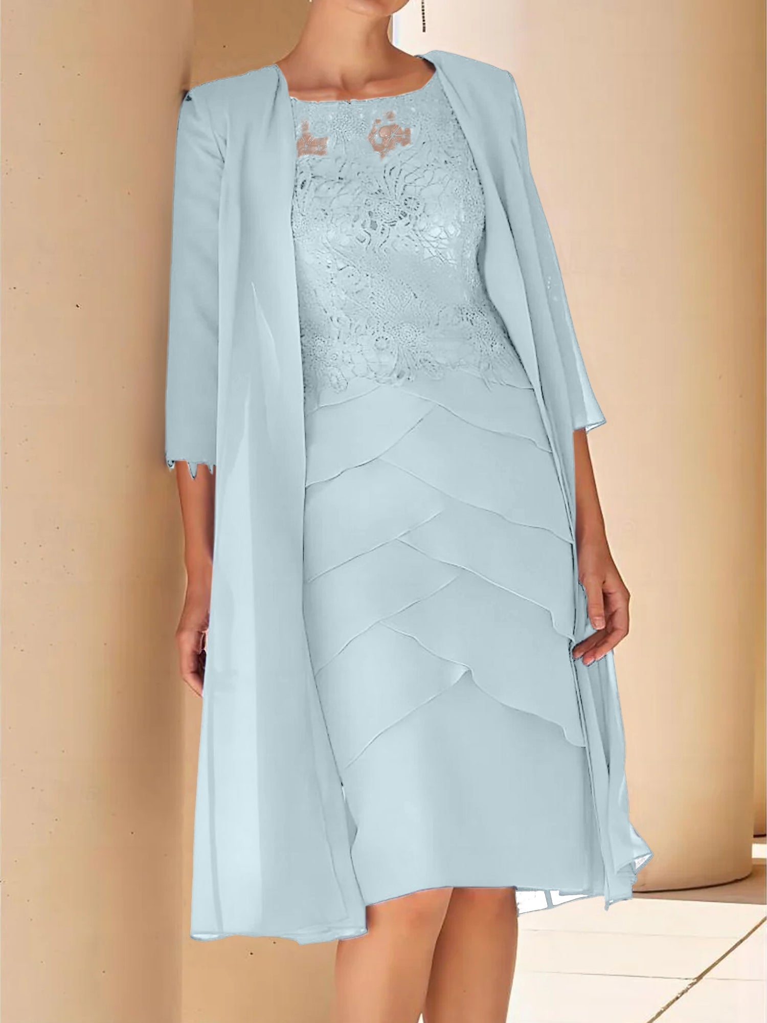 Sheath Column Jewel Neck Short Sleeves Knee Length Mother Of The Bride Dresses With Lace