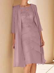Sheath Column Jewel Neck Short Sleeves Knee Length Mother Of The Bride Dresses With Lace