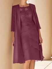 Sheath Column Jewel Neck Short Sleeves Knee Length Mother Of The Bride Dresses With Lace
