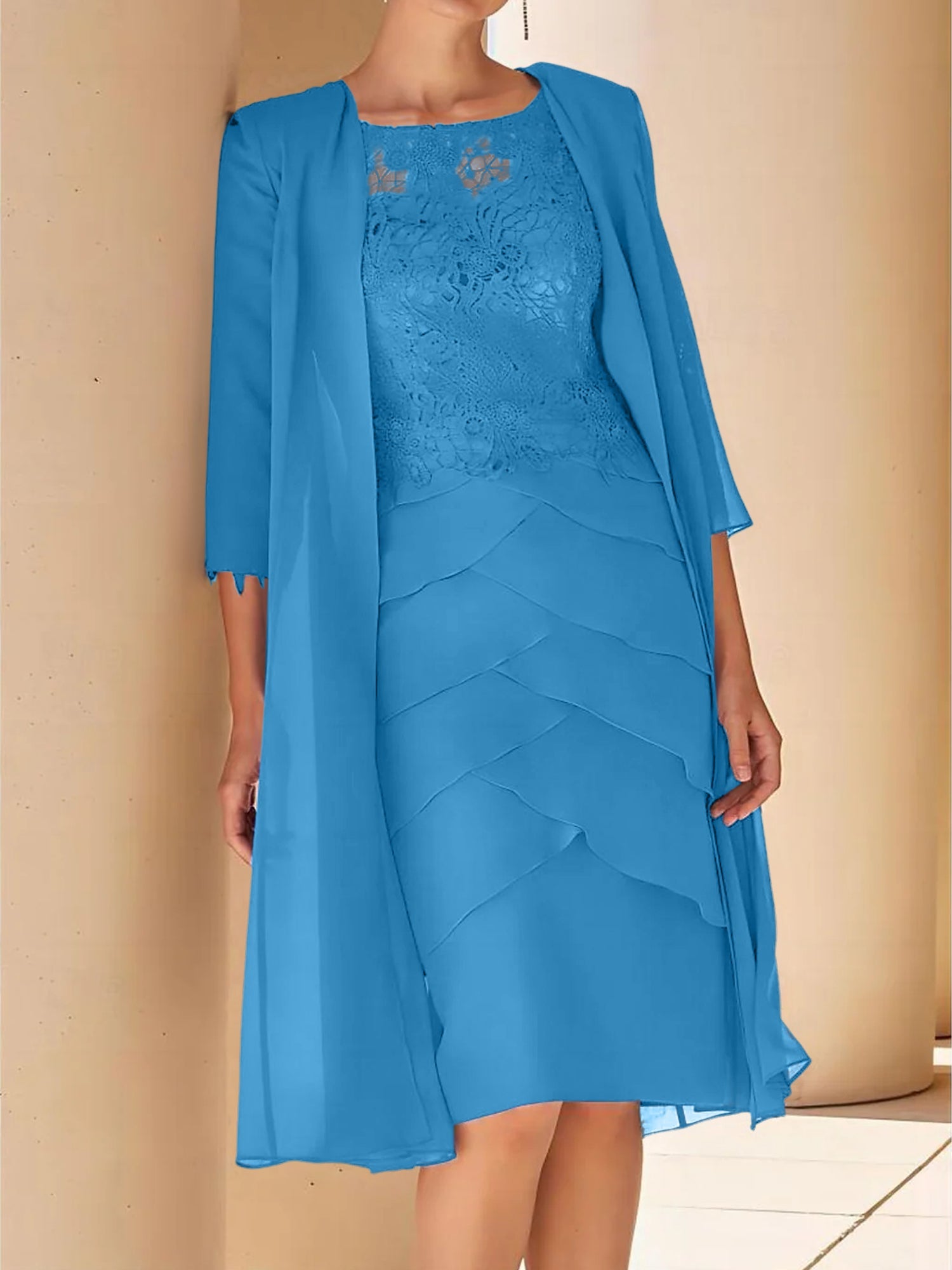 Sheath Column Jewel Neck Short Sleeves Knee Length Mother Of The Bride Dresses With Lace