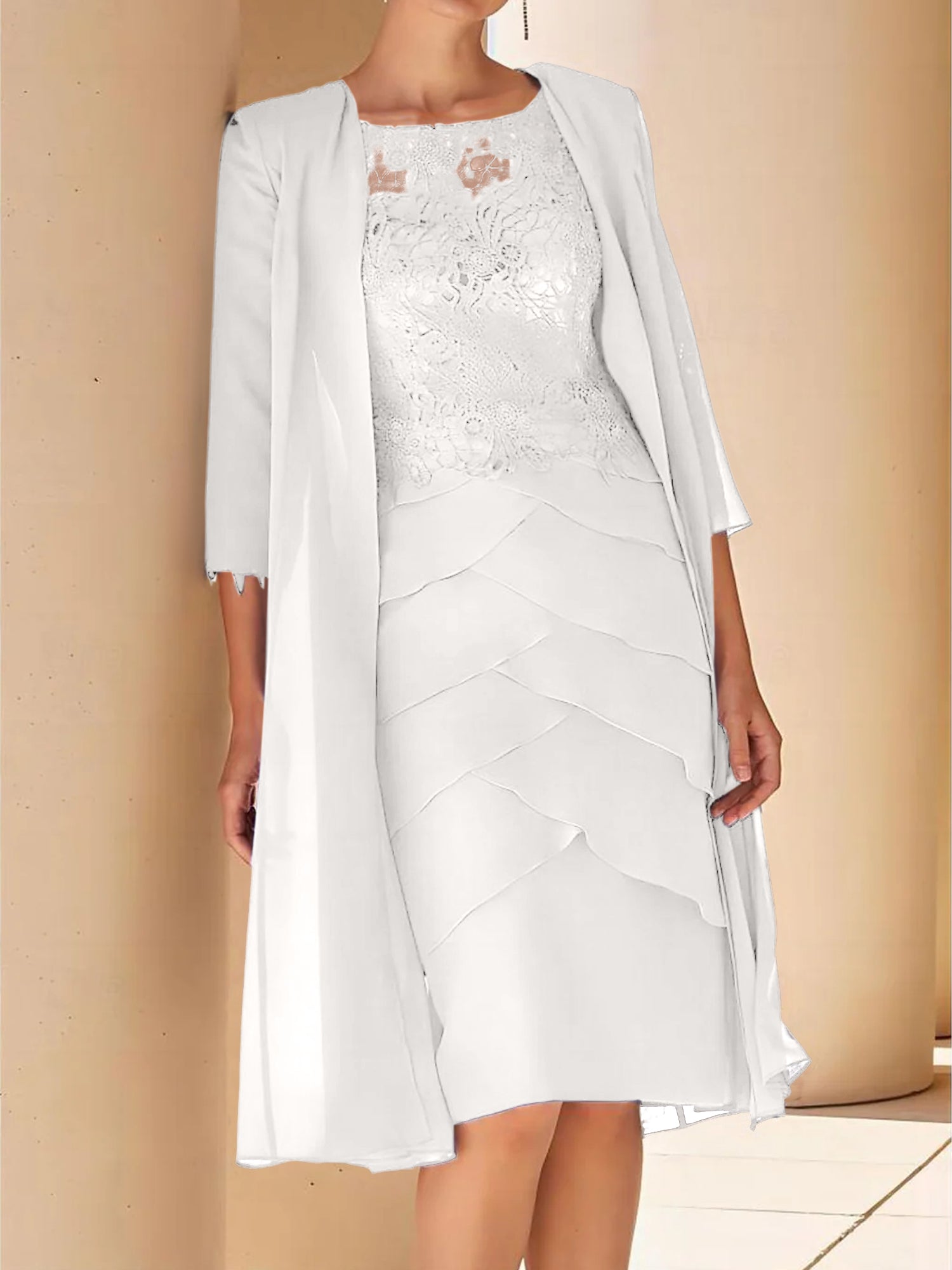 Sheath Column Jewel Neck Short Sleeves Knee Length Mother Of The Bride Dresses With Lace