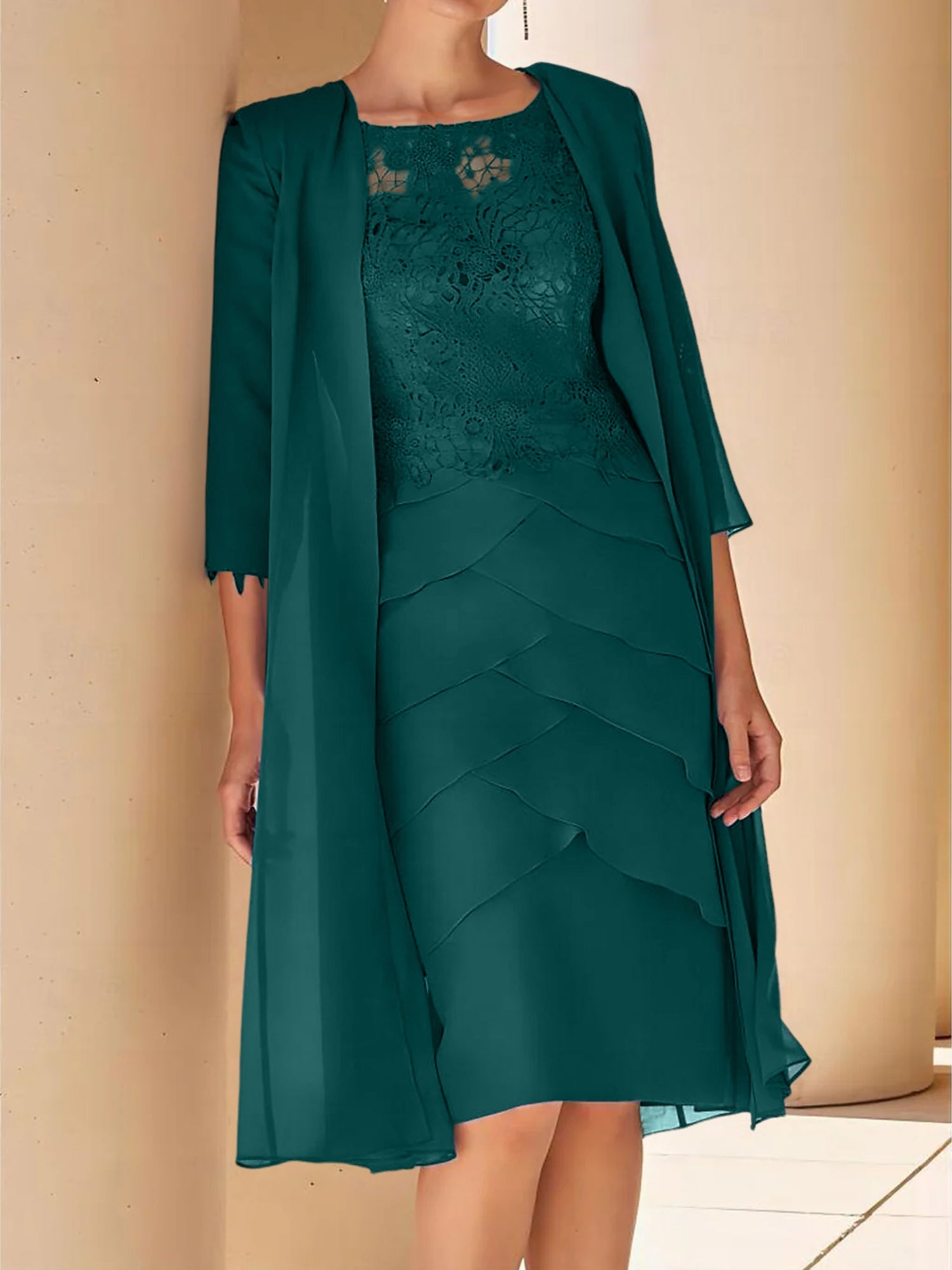 Sheath Column Jewel Neck Short Sleeves Knee Length Mother Of The Bride Dresses With Lace