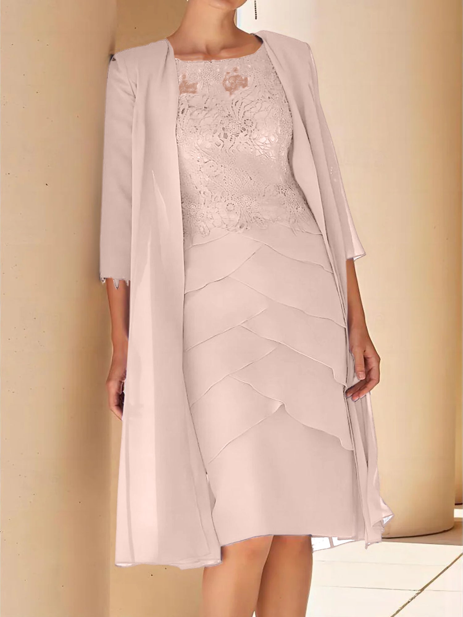 Sheath Column Jewel Neck Short Sleeves Knee Length Mother Of The Bride Dresses With Lace