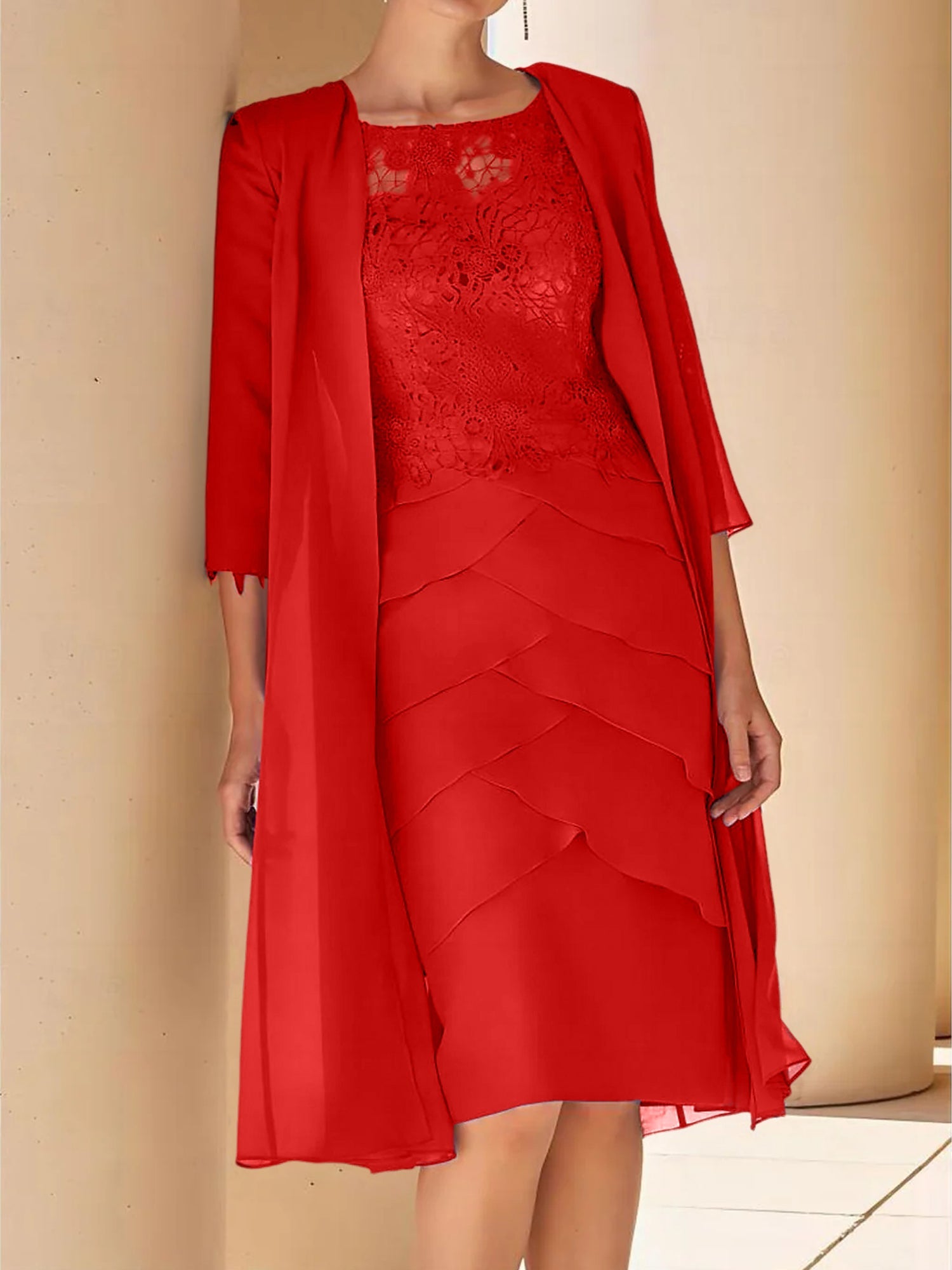 Sheath Column Jewel Neck Short Sleeves Knee Length Mother Of The Bride Dresses With Lace