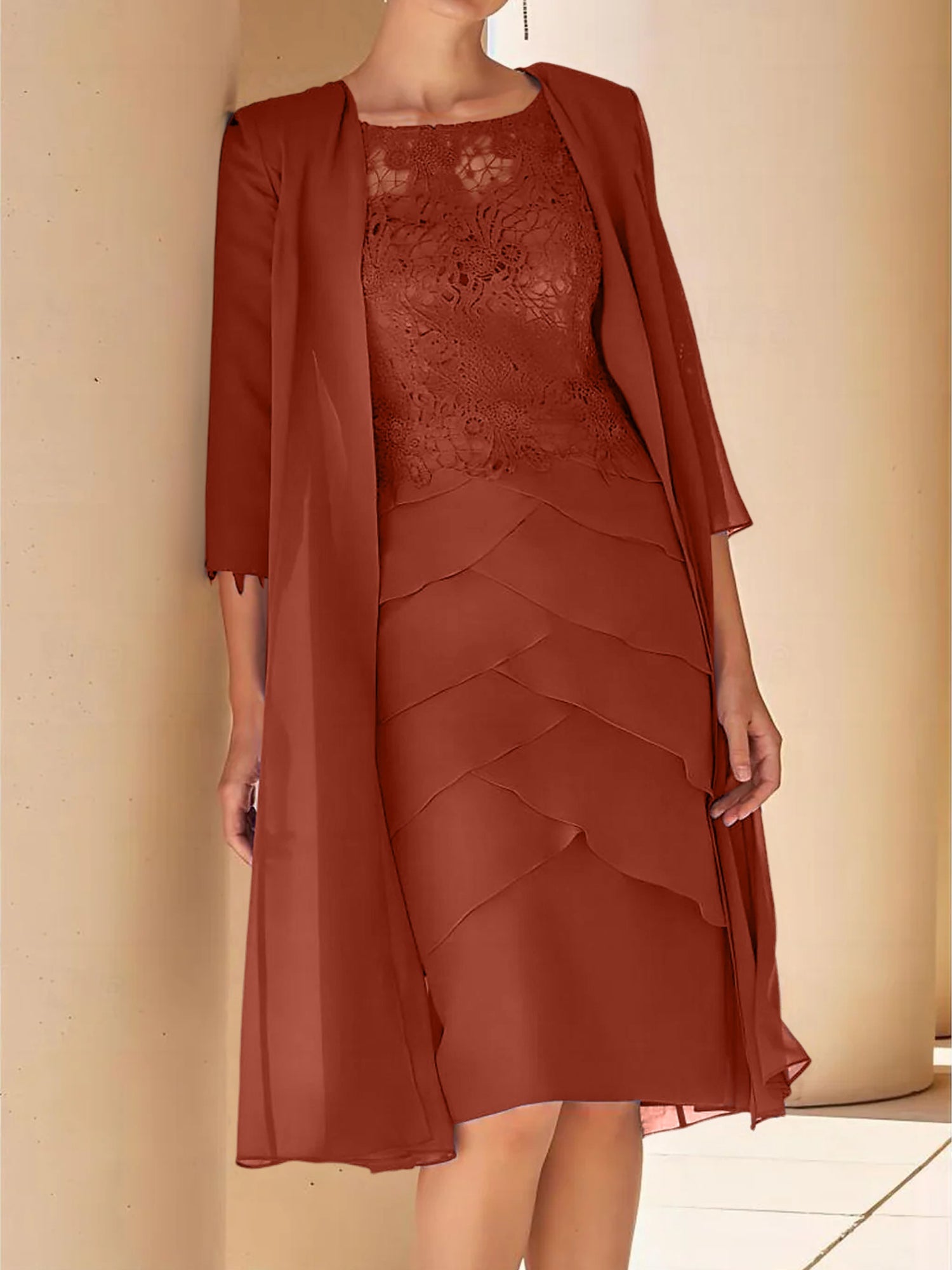 Sheath Column Jewel Neck Short Sleeves Knee Length Mother Of The Bride Dresses With Lace