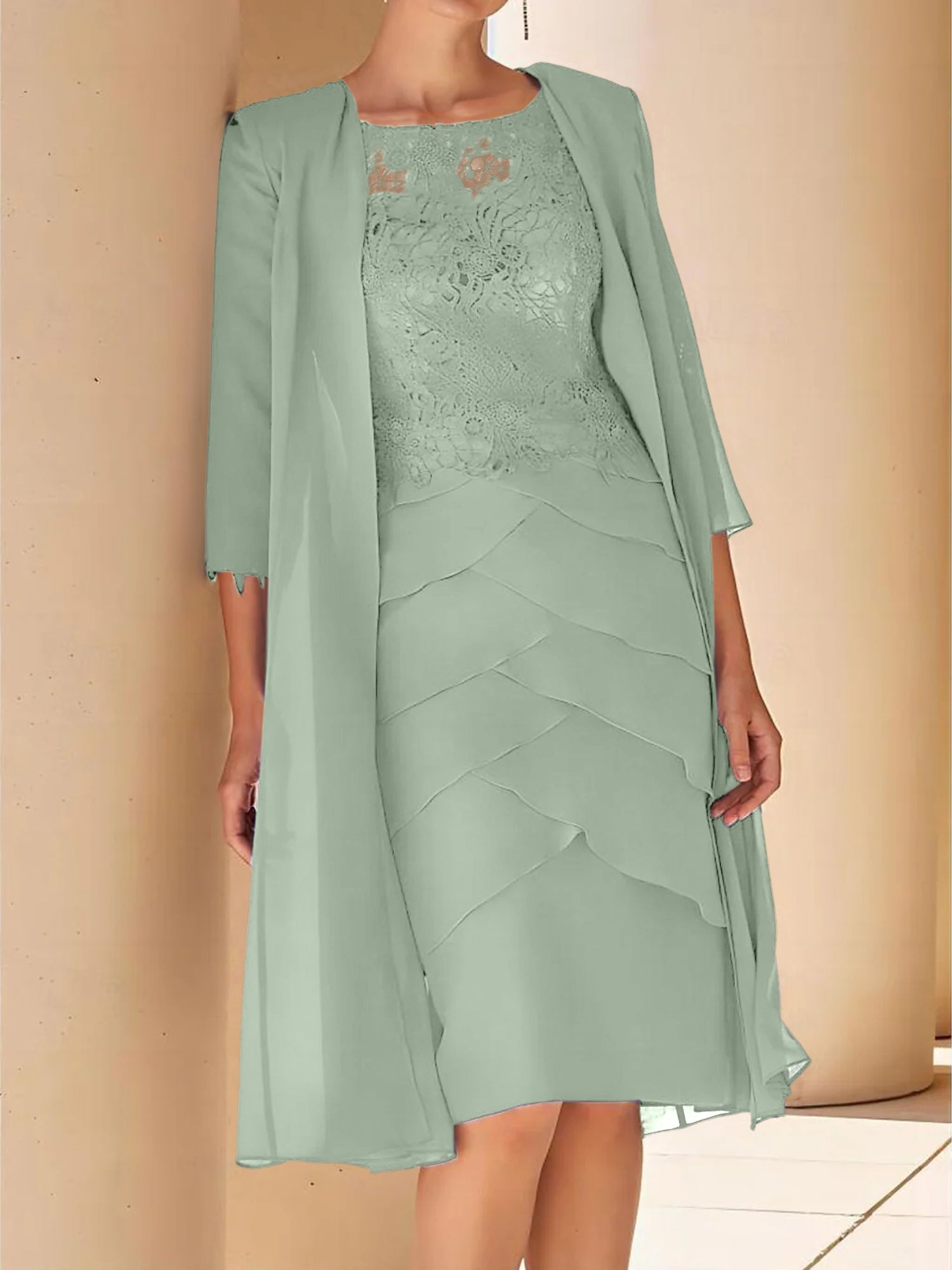 Sheath Column Jewel Neck Short Sleeves Knee Length Mother Of The Bride Dresses With Lace