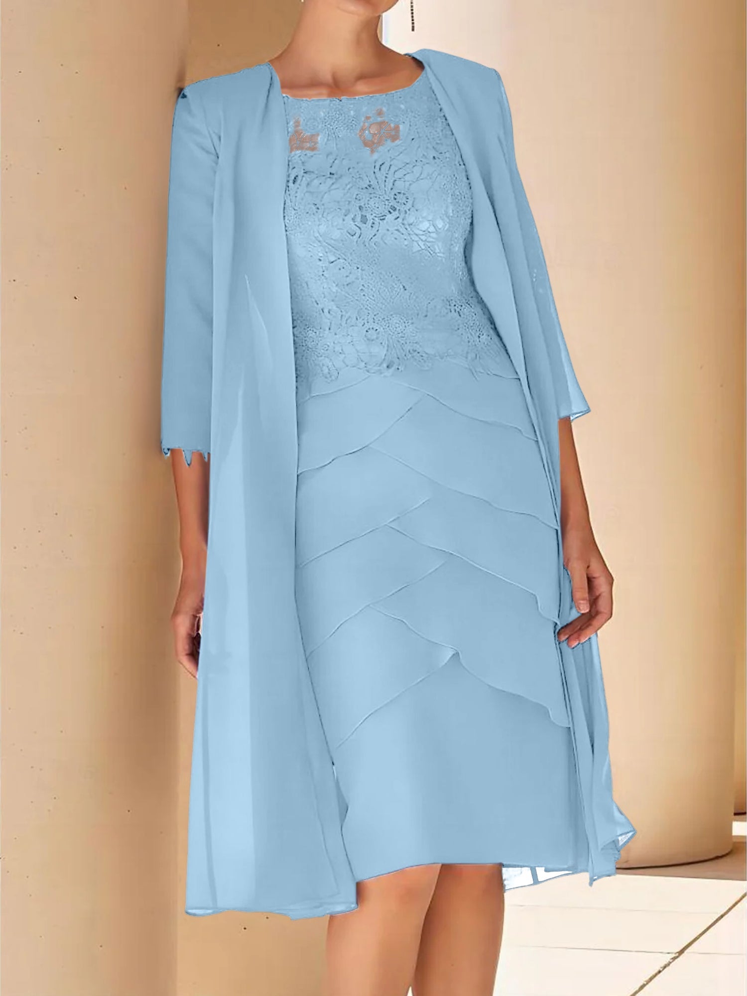 Sheath Column Jewel Neck Short Sleeves Knee Length Mother Of The Bride Dresses With Lace