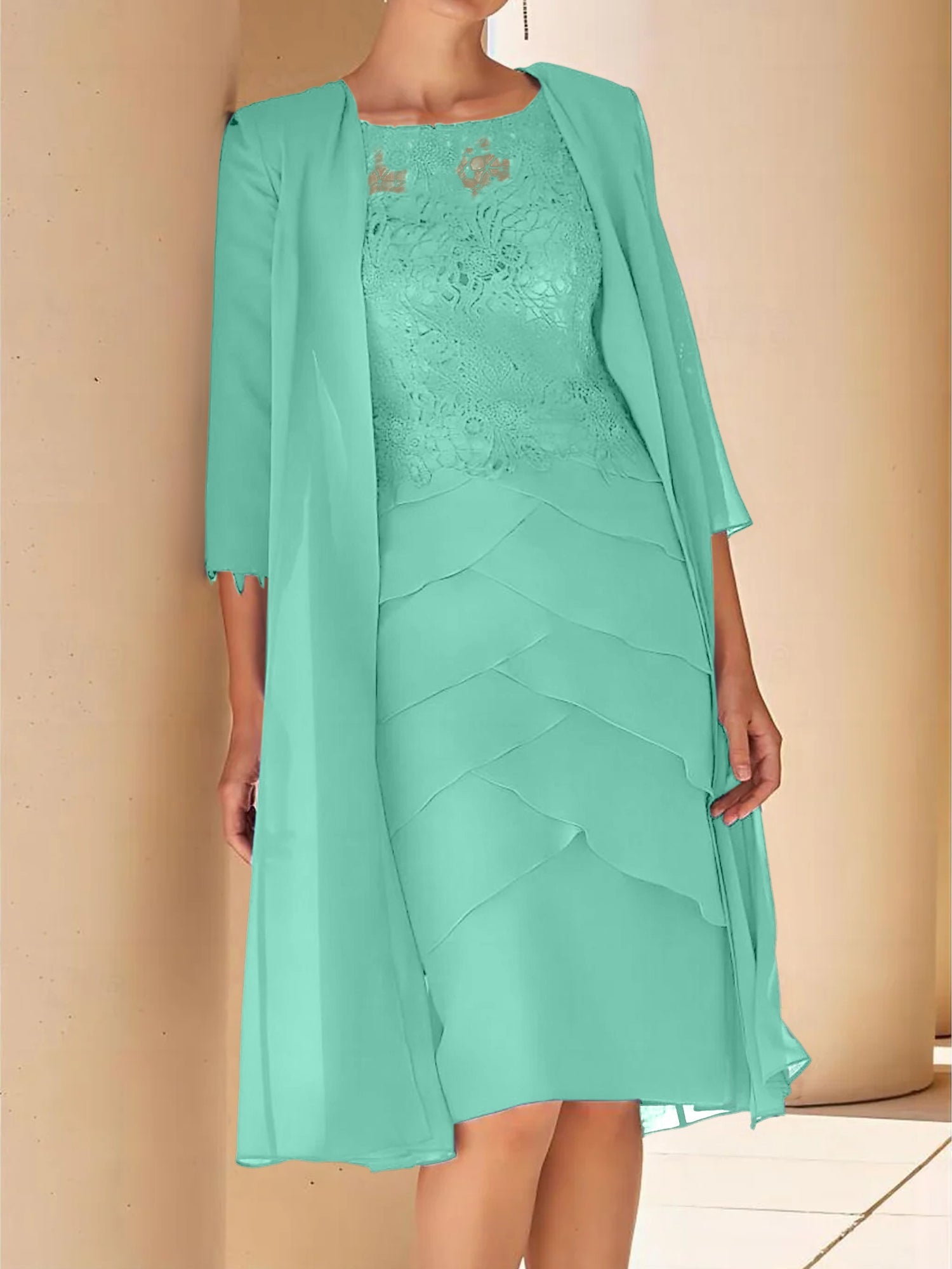 Sheath Column Jewel Neck Short Sleeves Knee Length Mother Of The Bride Dresses With Lace